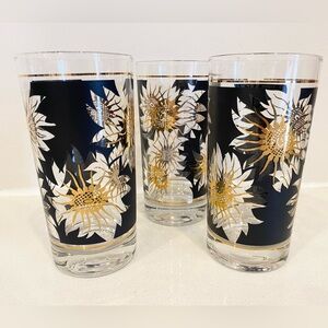 3 Vintage Libbey Cocktail Highball Glasses Daisy, Flower Power, Black And Gold